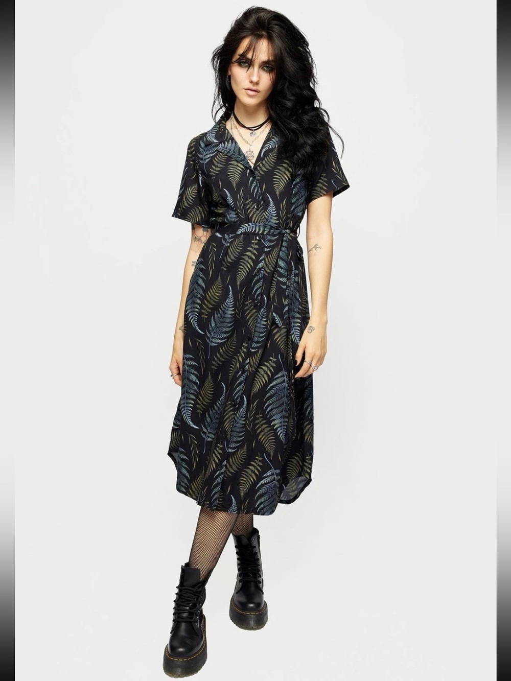 Disturbia Frond Print Button Up Midi Shirt Dress Women’s Size 12 Goth Whimsical